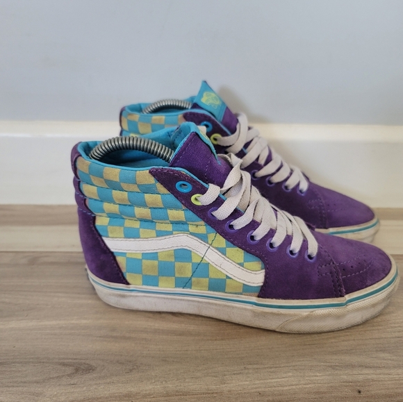 Vans Shoes - Vans Purple Suede Blue/Yellow checker High Top Shoes Women's Size 5.5